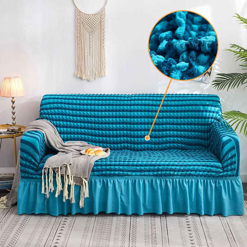 

Jacquard Bubble Plaid sofa cover with Skirt elastic Tight wrap all-inclusive Non-slip Slipcover Universal Couch Case Blue stripe