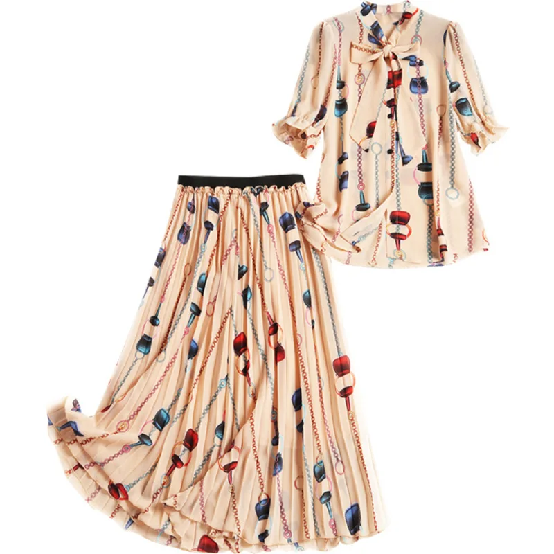Shuchan Designer Women Suit 2019 High Quality Office Lady Print Blouse+pleated Skirts Elastic Waist Mid-calf Two Piece Set 11023 Shuchan Designer Women Suit 2019 High Quality Office Lady Print Blouse+pleated Skirts Elastic Waist Mid-calf Two Piece Set 11023