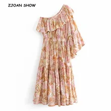 Для женщин в богемном стиле с цветочным принтом на одно плечо с однородным блеском рукавами Для женщин сращены плиссе с оборками до колена платья