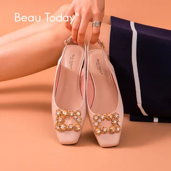 

BeauToday Women Sandals Satin Cloth Square Toe Buckle Strap Crystal Decoration Ladies Party Wedding Shoes Handmade 32145