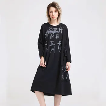 

2018 Autumn women long-sleeve cotton long t shirt letter printed loose casual long tees longos vestidos jurken street wear