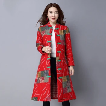 

Woman Jacket Winter Stand Collar Coats 2018 Fashion Printed Cotton Loose Outerwear Female National Style Big Size parkas NO487