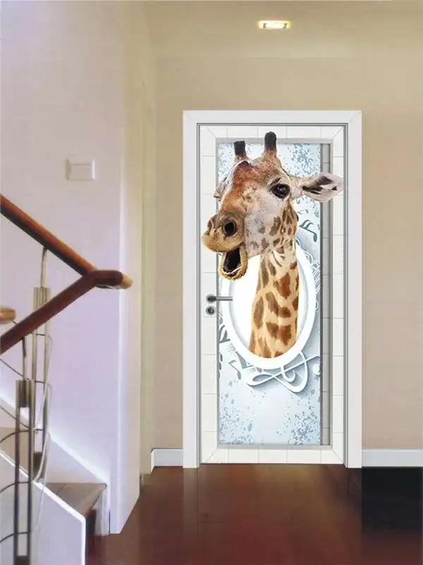 Единорог, белые лошади, олень, дельфин, жираф, тигр, слон, лев, Милые Забавные 3D Животные, Настенные обои, наклейки на дверь - Цвет: giraffe-2 nc