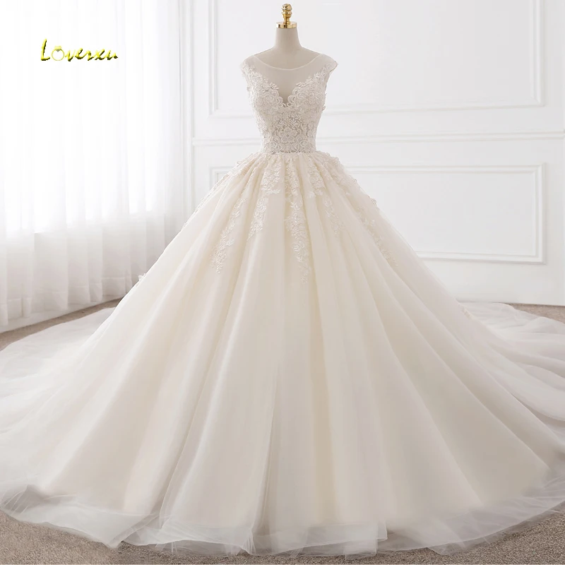 Loverxu Vestido De Noiva винтажное бальное платье Свадебные платья круглый вырез с коротким рукавом Королевский поезд аппликации кружевное свадебное платье