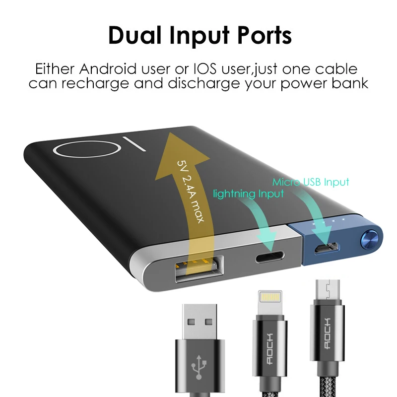 ROCK 10000mAh Power Bank Portable Phone Charger Powerbank For iPhone 7 6 for Xiaomi 6 External Battery with Dual Input Ports