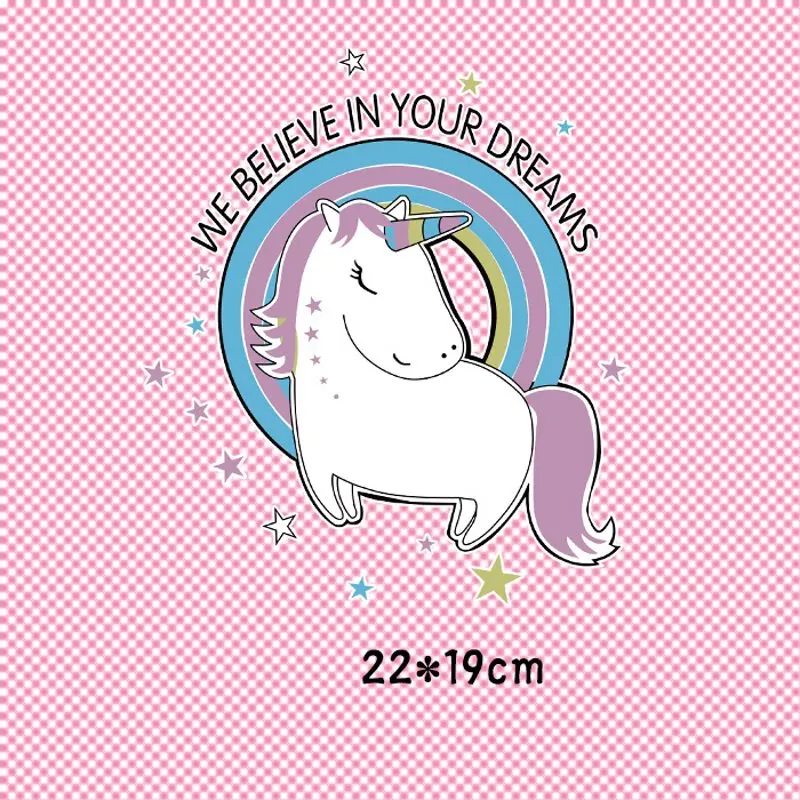 

22x19cm Rainbow unicorn Iron On Stickers Washable Appliques A-level Patches Heat Transfer For T-shirt DIY Accessory Clothes
