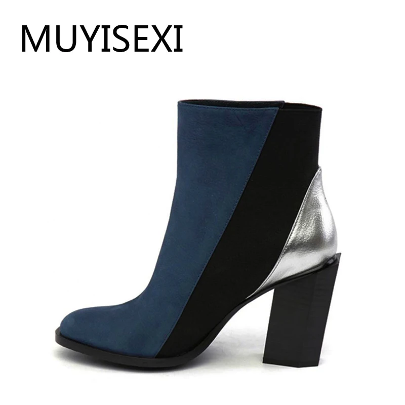 

Slip-On Womens Boots Genuine Leather Round Toe 9 cm Square High Heel Mixed Color Ankle Boots botte femme X016 MUYISEXI