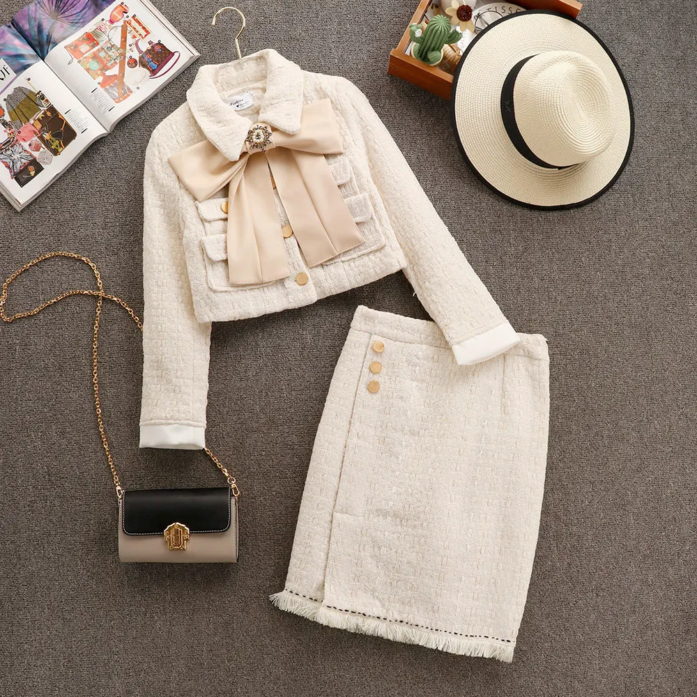 

New Autumn Winter Fashion Female Wool Sets Bow Long Sleeve Short Jacket + High Waist Slim Hip Skirts Women's Suits Elegant