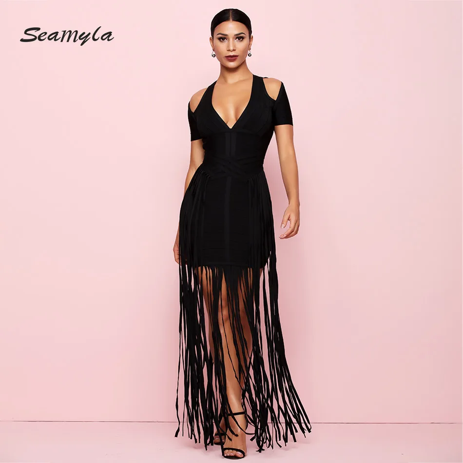 

Seamyla 2019 Long Fringe Maxi Bandage Dresses Black Bodycon Celebrity Party Dress Women Sexy V Neck Vestidos Tassels Long Dress