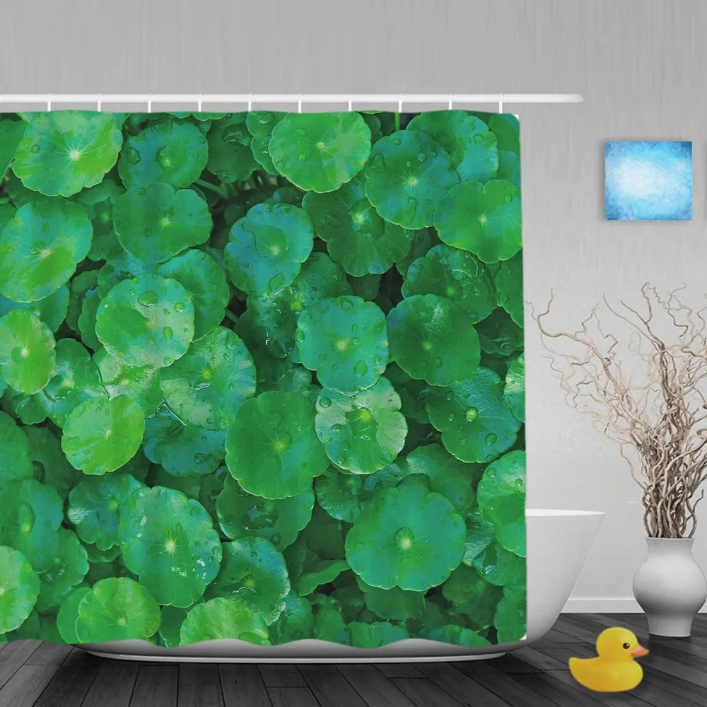 Green Plant In Rainy Day Shower Curtains Lotus Leaf With Dew Bathroom