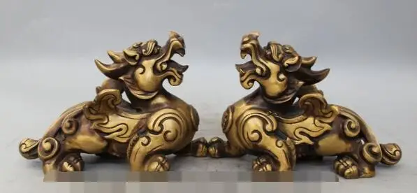 

S02260 7" Chinese Bronze Feng Shui Wealth Unicorn Beast Pi Xiu Sculpture Statue Pair (B0413)