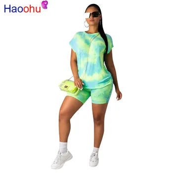 

HAOOHU Tie Dyeing women two pieces set Casual Fitness Womens Fashion Summer Short Sleeve Bodycon Overalls