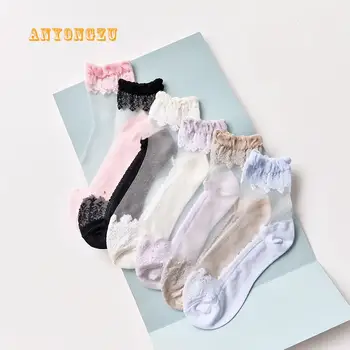 

New Lace Transparent Crystal Socsks Japanese Women's Short Socks Sweat-absorbent Breathable Cotton Bottom Socks 6pair/lot