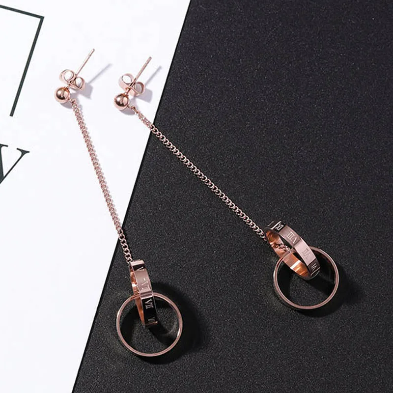 

Korean 2018 Simple Rose Gold Color Titanium Steel Double Round Circle Long Chain Drop Earrings for Women Party Jewelry Wholesale