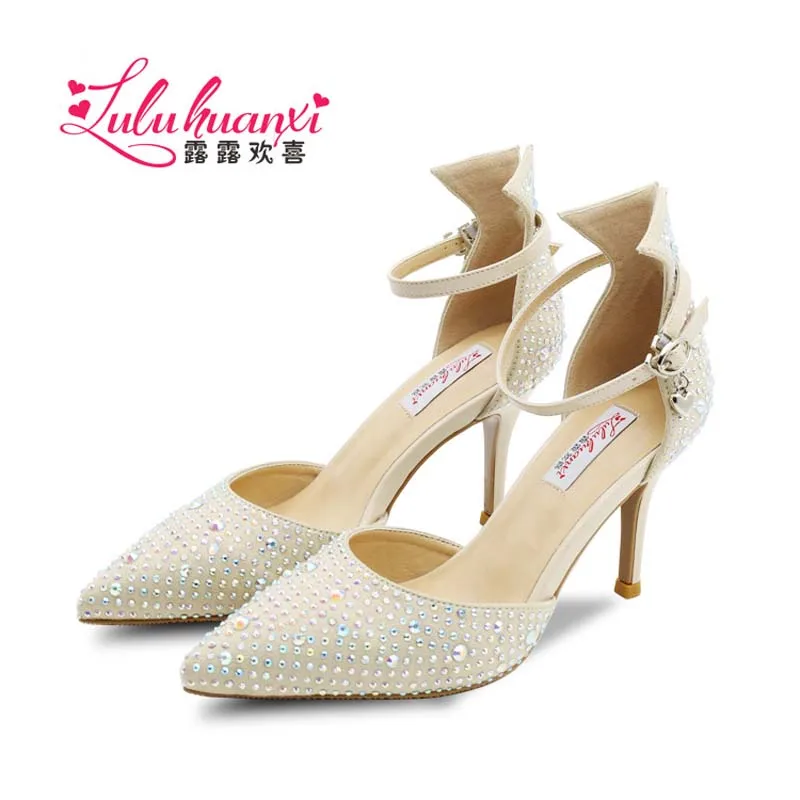 

Ladies Thin High Heels Shoes 7.5cm Women Pumps Sequins Crystal Leather Fiber Mental Ankle Strap Pointed Toe Shoes Gold Wedding