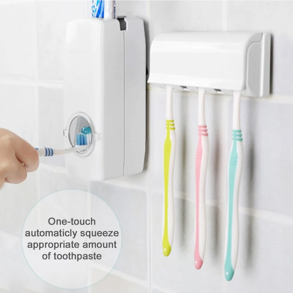 

Automatic Toothpaste Dispenser + 5 Toothbrush Holder Toothpaste Stand Wall Mount Bathroom Toothbrush Family Sets Rack