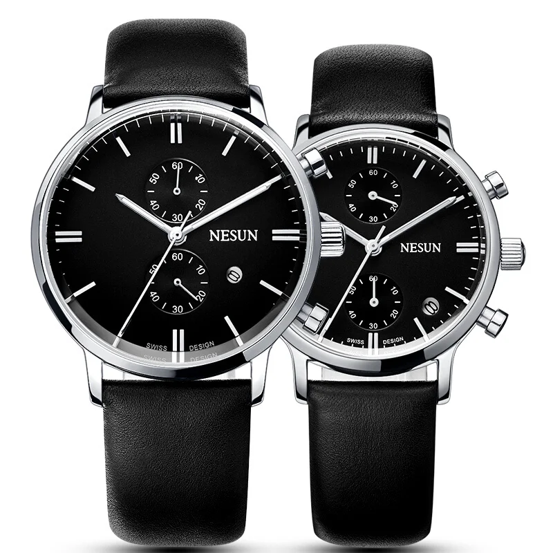 

NESUN Couple Quartz Multifunction Wrist Watches With Two Timer Dial Green Leather Band 2PCS