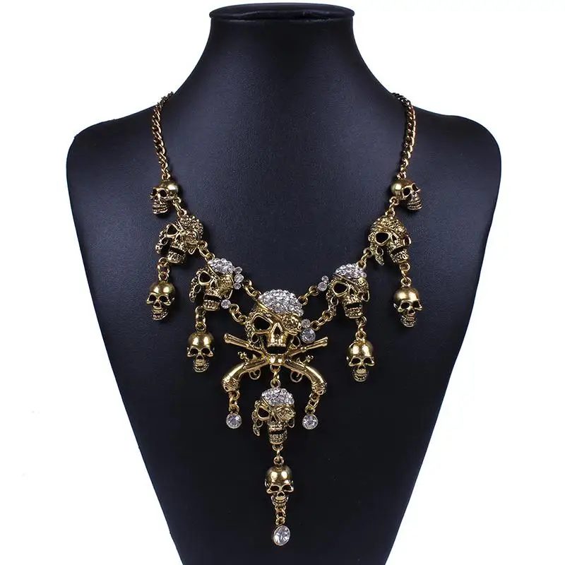 

Classic Maxi Statement Vintage Pirate Skeleton Skull Necklaces & Pendants Retro Rhinestone Punk Necklace
