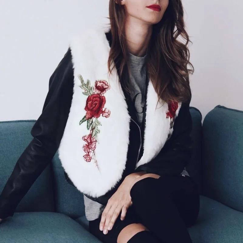 Женская меховая куртка с вышитым цветком, короткая жилетка, Осень-зима 2019, куртка из искусственного меха, Женская винтажная жилетка из