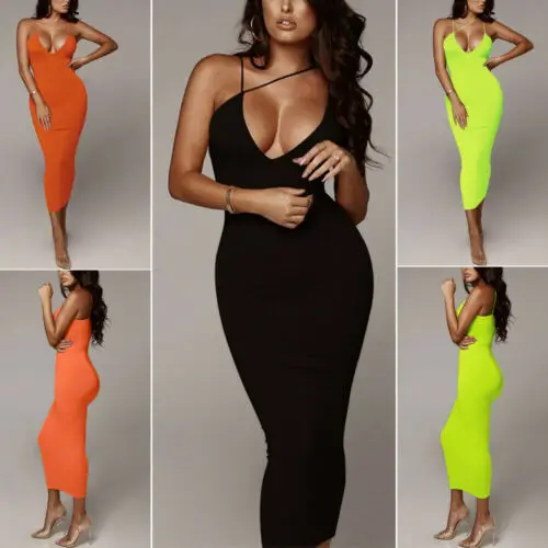 2019 New Women's Summer Sling V-neck Sexy Bodycon Clubwear Party Dress 3Colors