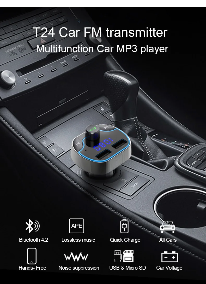 

Siparnuo FM Transmitters FM Modulator Bluetooth Transmitter Car Hand Free Transmisor with Dual QC3.0 USB Car Charger T24