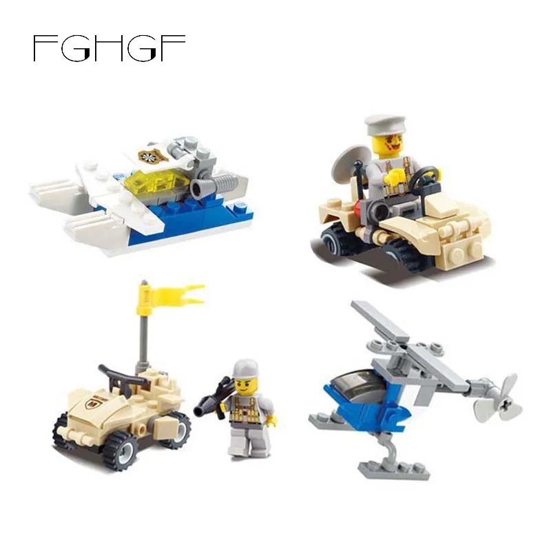 

FGHGF 4 Kinds Transportation Block Car Building Compatible Soliders Police Bricks Helicopter Submarine For Child