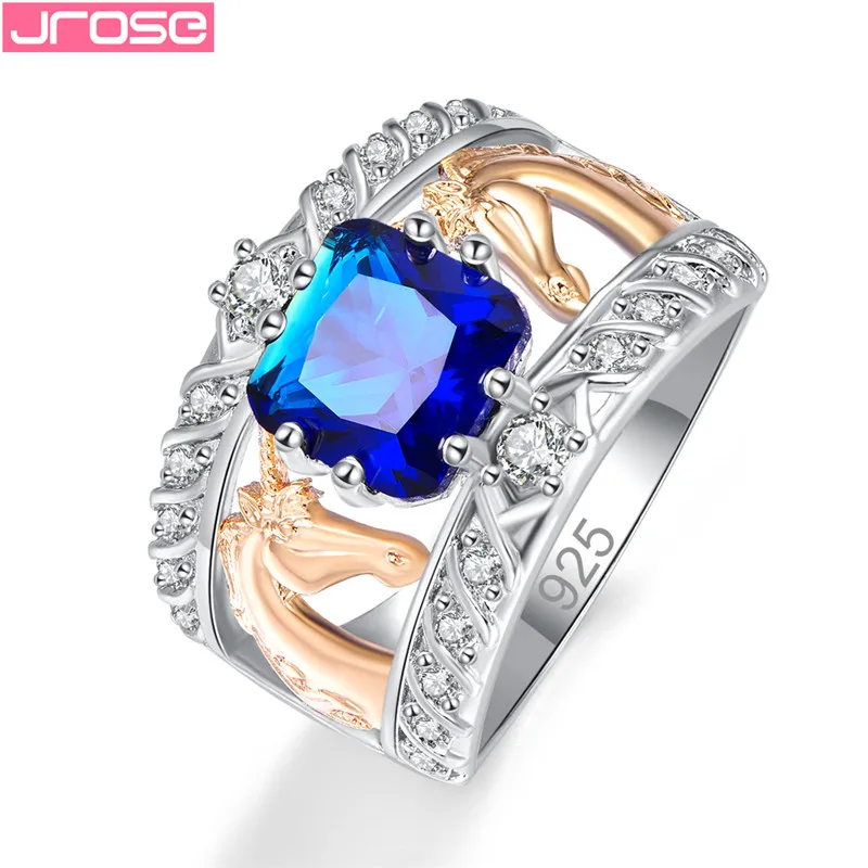 

JROSE Fashion Design 2019 New Silver 925 jewelry Rings For Women Wedding Engagement Band Sizes 6 7 8 9 Royal Blue Cubic Zircon