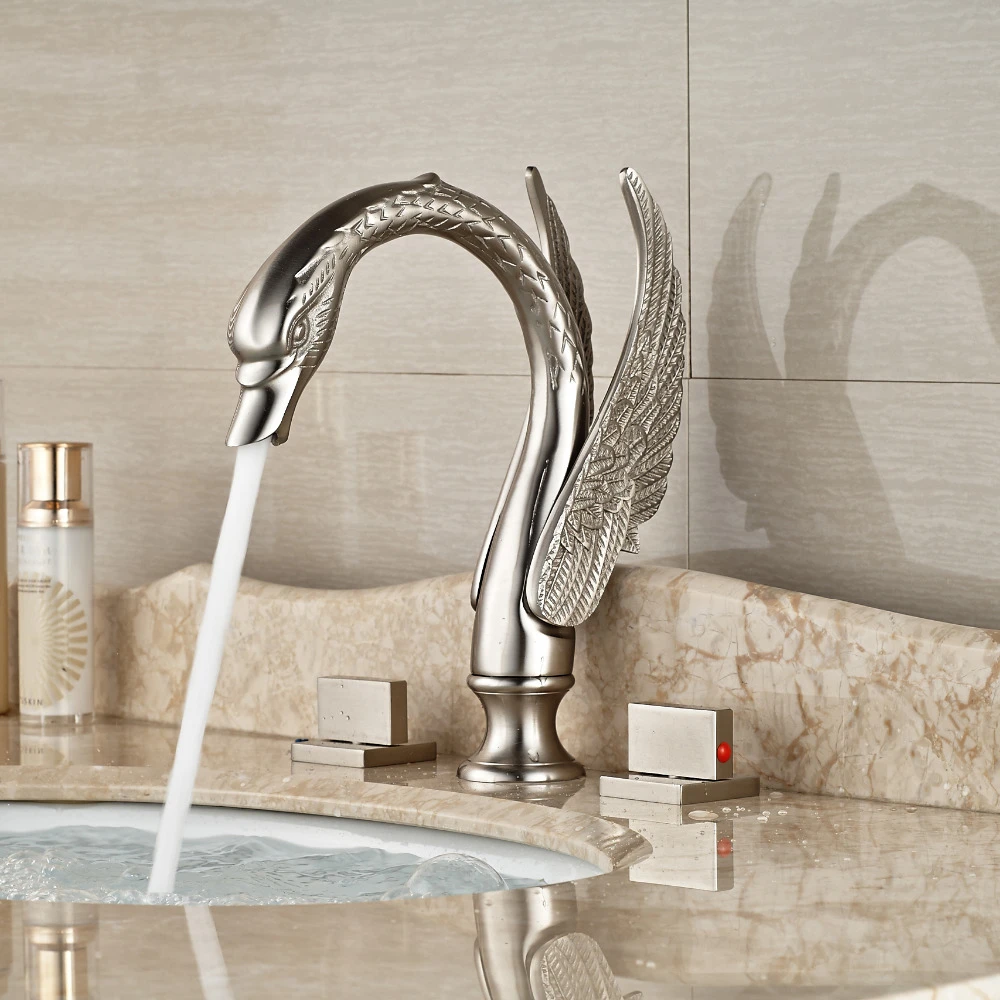 3PCS Bathroom Sink Faucet Double Handles Deck Mount Black 3Holes Basin Mixer Tap