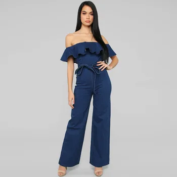

Back Zip Sexy Slash Neck Jumpsuit Summer Ruffle Spliced Straight Romper Women Fashion Denim Overall with Sashes