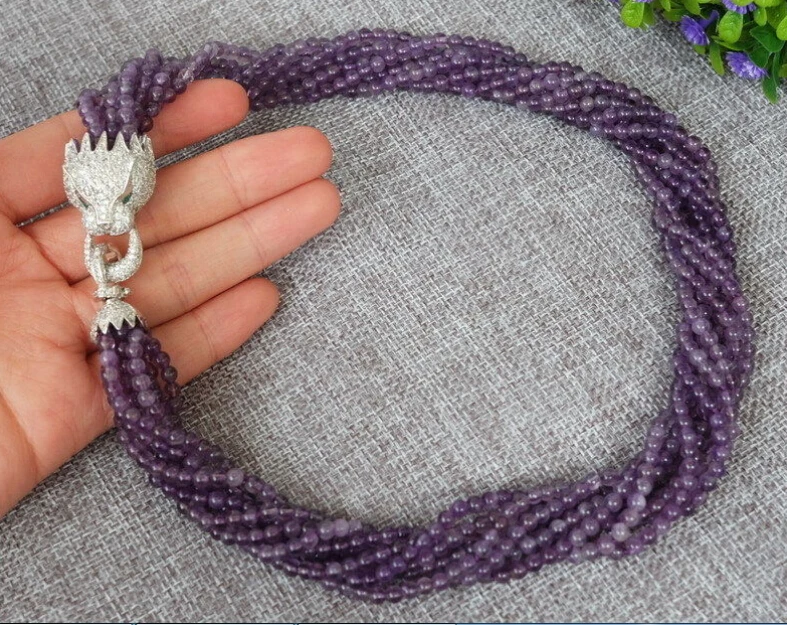 

Beautiful! 8strds natural Amethyst Round necklace-zircon clasp