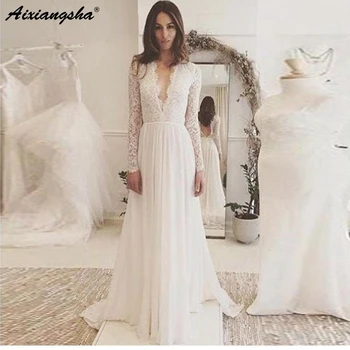 

Cheap Wedding Dress Long Sleeves White/ivory Lace Top A-line Sexy Romantic Sexy Deep V Neck Bridal Gown Vestidos De Noiva