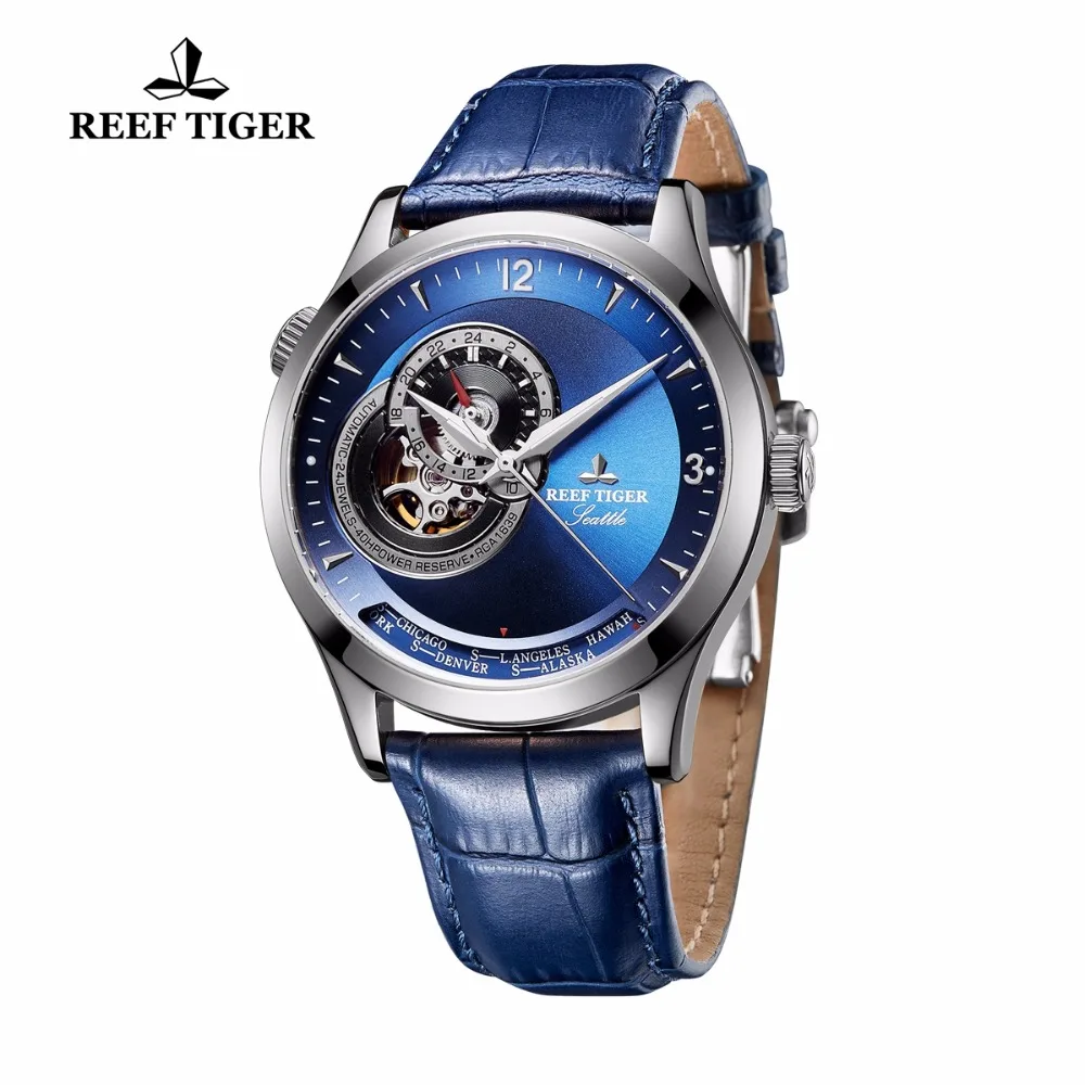 Дизайнерские повседневные часы Reef Tiger/RT с синим циферблатом из нержавеющей стали