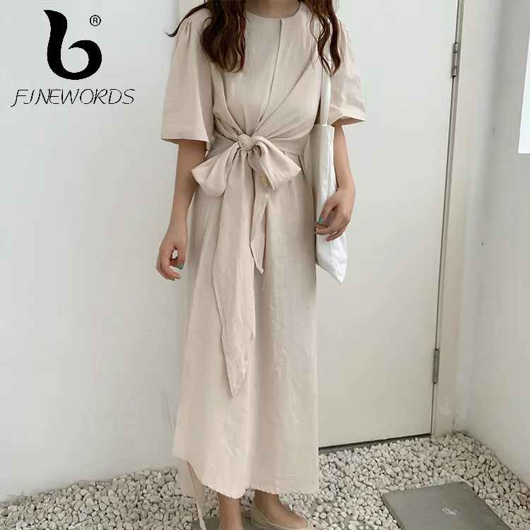 

FINEWORDS Waist Bandage Korean Dress Simple Solid O Neck Casual Dress Short Sleeve Summer 2019 Harajuku Long Dresses Streetwear