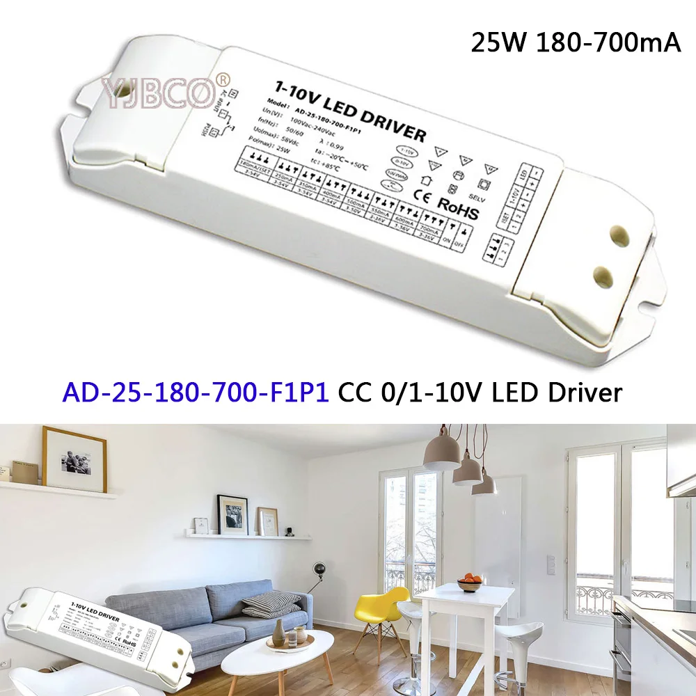 

0/1-10V led dimming driver;AD-25-180-700-F1P1;AC100-240V input; 3-54VDC output 25W 180-700mA CC 0/1-10V LED Driver