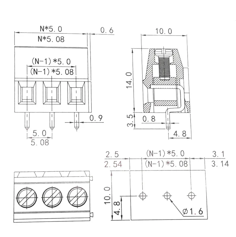 WJ500V pitch 5.08mm size