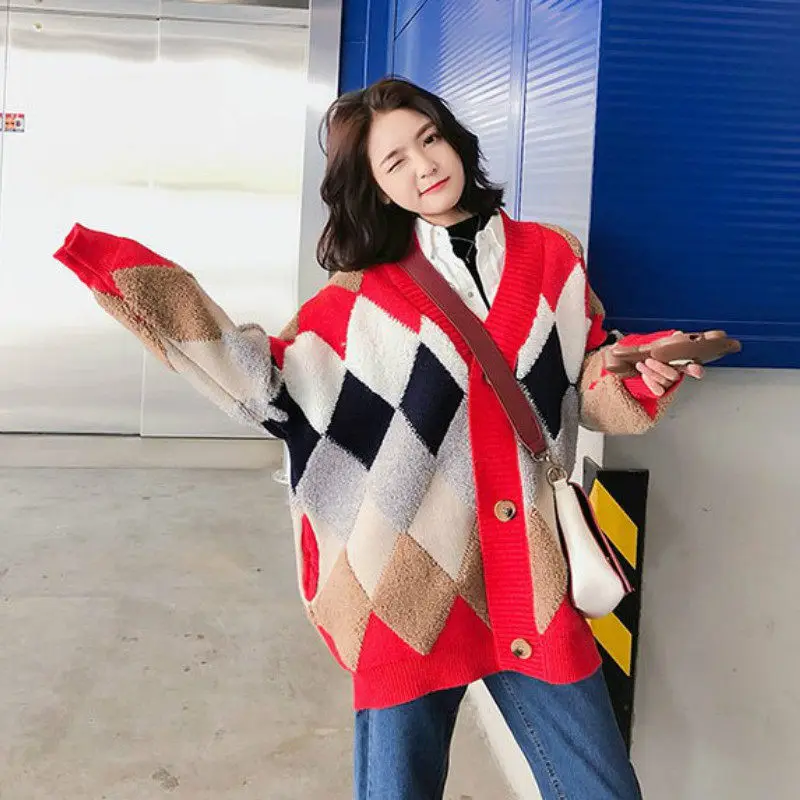 En Mujeres Las V Invierno Cardigan Retro Chaqueta Nuevo Elegante dark Grey Yp115 Blue Y Cuello red Suéter Casual Suelto Grueso 2019 De Cuadros Punto 4wfvqIP
