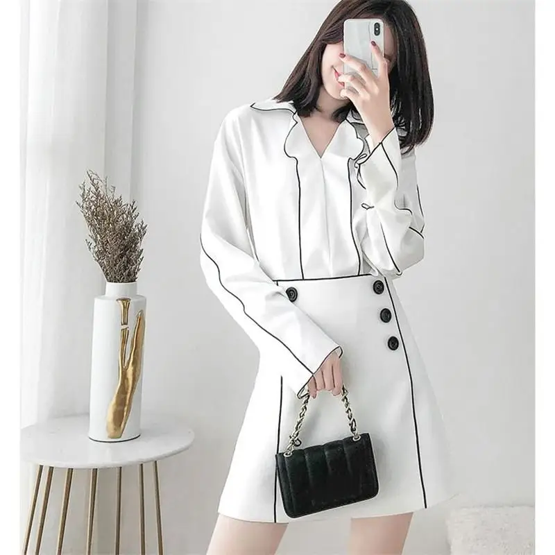 

Women Two Piece Set 2019 Spring Autumn Fashion Flare Sleeve Ruffles Tops+ A Line High Waist Mini Skirt Female Casual Suit Y162