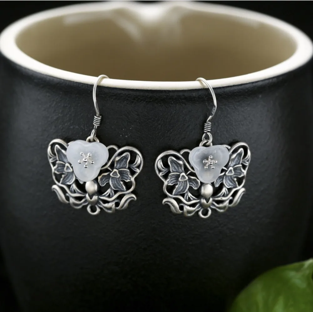 S925 Стерлинговое Серебро Hetian Jade серьги леди летучая мышь с натуральными цветами