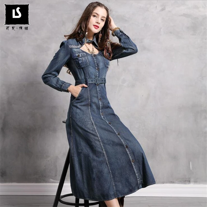 

Dress Female 2019 Spring Autumn Denim Women Long Dresses Turn-down Collar Vintage Embroidery Belted Slim Waist Dress Vestidos