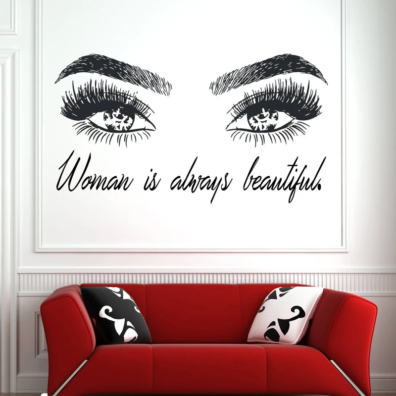 

Woman is Always Beautiful Eyebrows And Eyes Removable Wall Stickers for Living Room Beauty Salon Art Decor Vinyl Decals TA628
