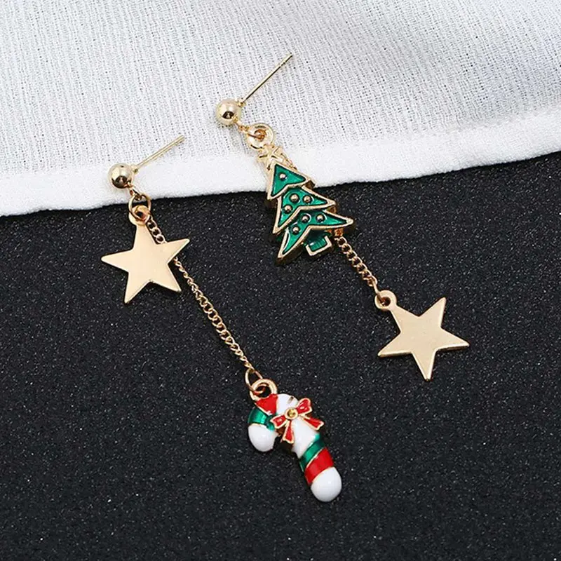 

Trendy Star Christmas Tree Snowman Long Tassel Earrings For Women Chic Gold Asymmetry Stud Earings Xmas Jewelry Gifts