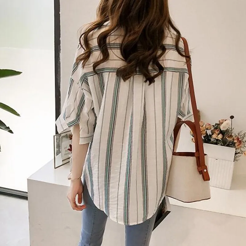 Summer New Women Shirt Chic Loose Bat Sleeve V-neck Striped Short Sleeve Blouse Female Leisure Fashion Korean Top Clothes H9005 3