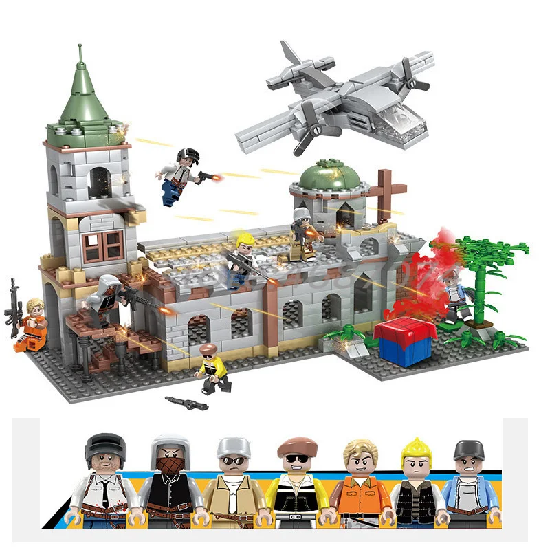 

728pcs Military SWAT PUBG WW2 Figure Church battlefield Weapon Parachute Building Blocks Bricks Kids Boy Toy Birthday Gifts
