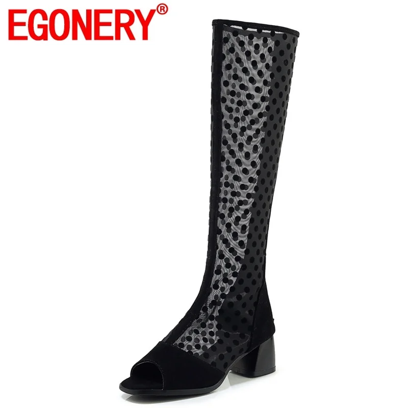 

EGONERY 2019 new fashion wave point mesh woman sandals outside open toe med square heels zipper plus size summer ladies boots