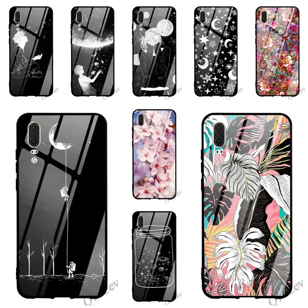 

Print Black White Moon Stars Glass Phone Case for Huawei Mate 20 Cover P Smart P20 Pro 10 7A Y6 Y9 Honor 9 P10 Lite Backshell