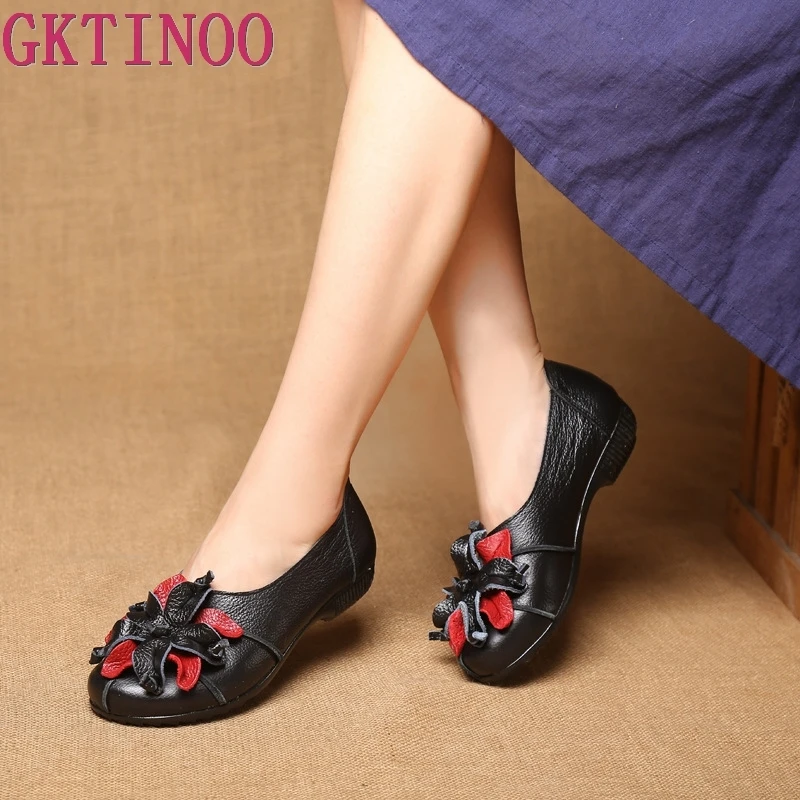 

GKTINOO Summer Autumn Fashion Flower Design Round Toe Mix Color Flat Shoes Vintage Genuine Leather Women Flats Girls Loafers