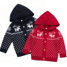 Детский Рождественский зимний свитер с оленем для девочек и мальчиков, вязаный кардиган, свитер для новорожденных, пальто с капюшоном, Детский свитер