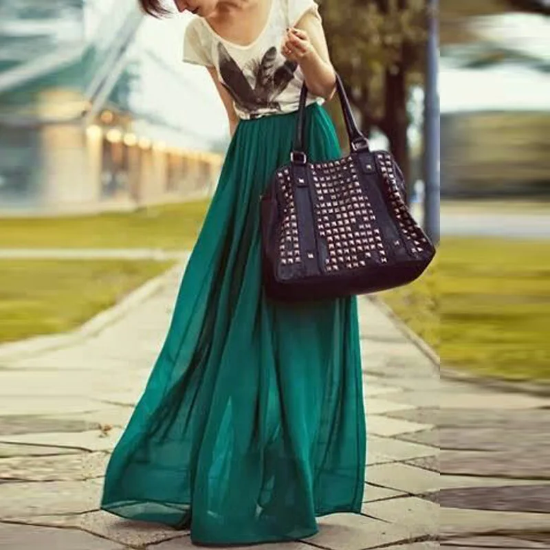 

Fashion Freen Floor Length Chiffon Women Summer Skirt Elastic Waist Custom Made Plus size Skirts Holiday Burgundy Ivory Saias