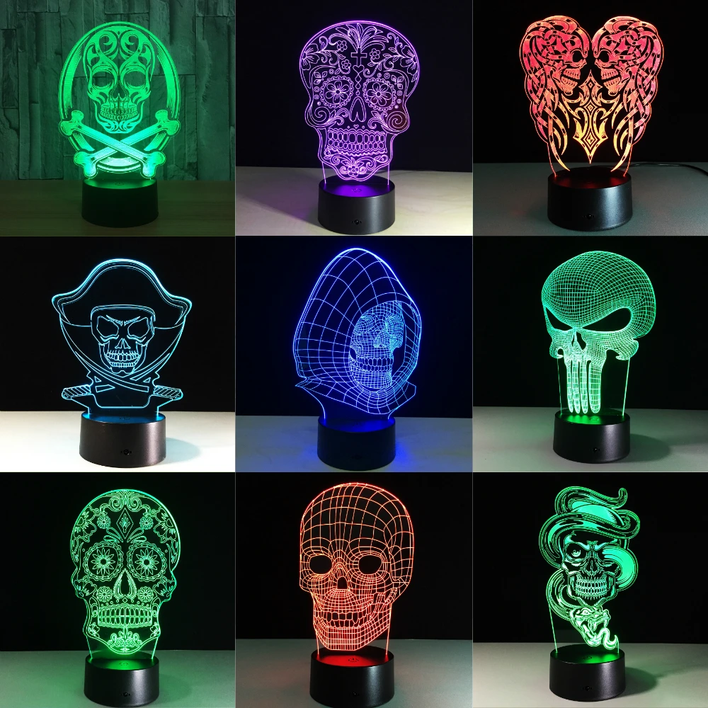  3D LED Color Night Light Changing Lamp Halloween Skull Light Acrylic 3D Hologram Illusion Desk Lamp