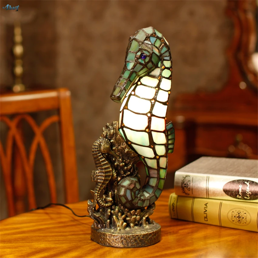 

Tiffany Hippocampus Color Glass Night Lights Bedroom Living Room Novelty Gift Handmade Art Deco E14 Study Desk Lights Fixtures